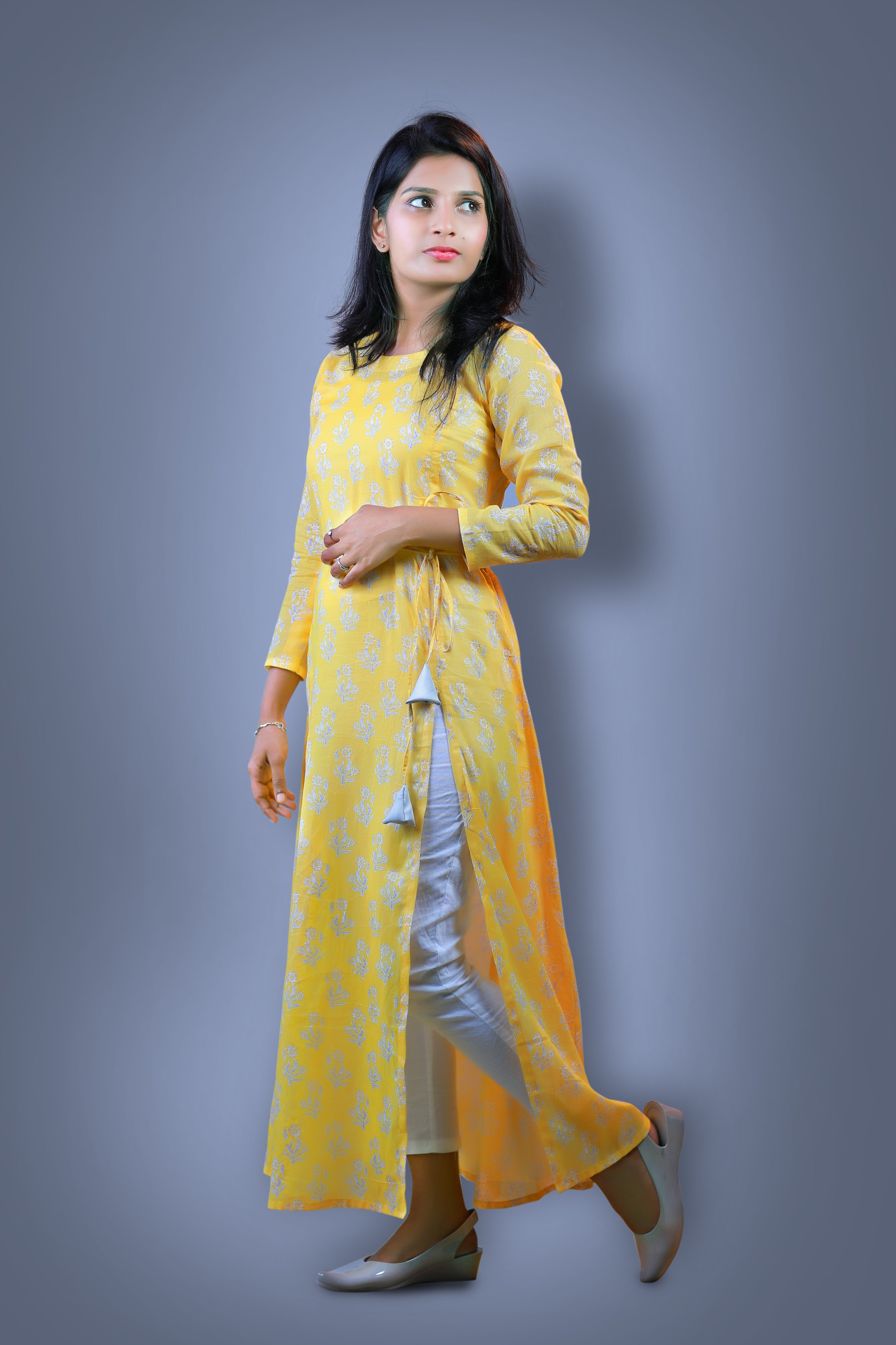 Fabriko Cotton Yellow Floral Printed Flared Anarkali Kurtis With Palazzo |  Casual Office Wear Kurta Set