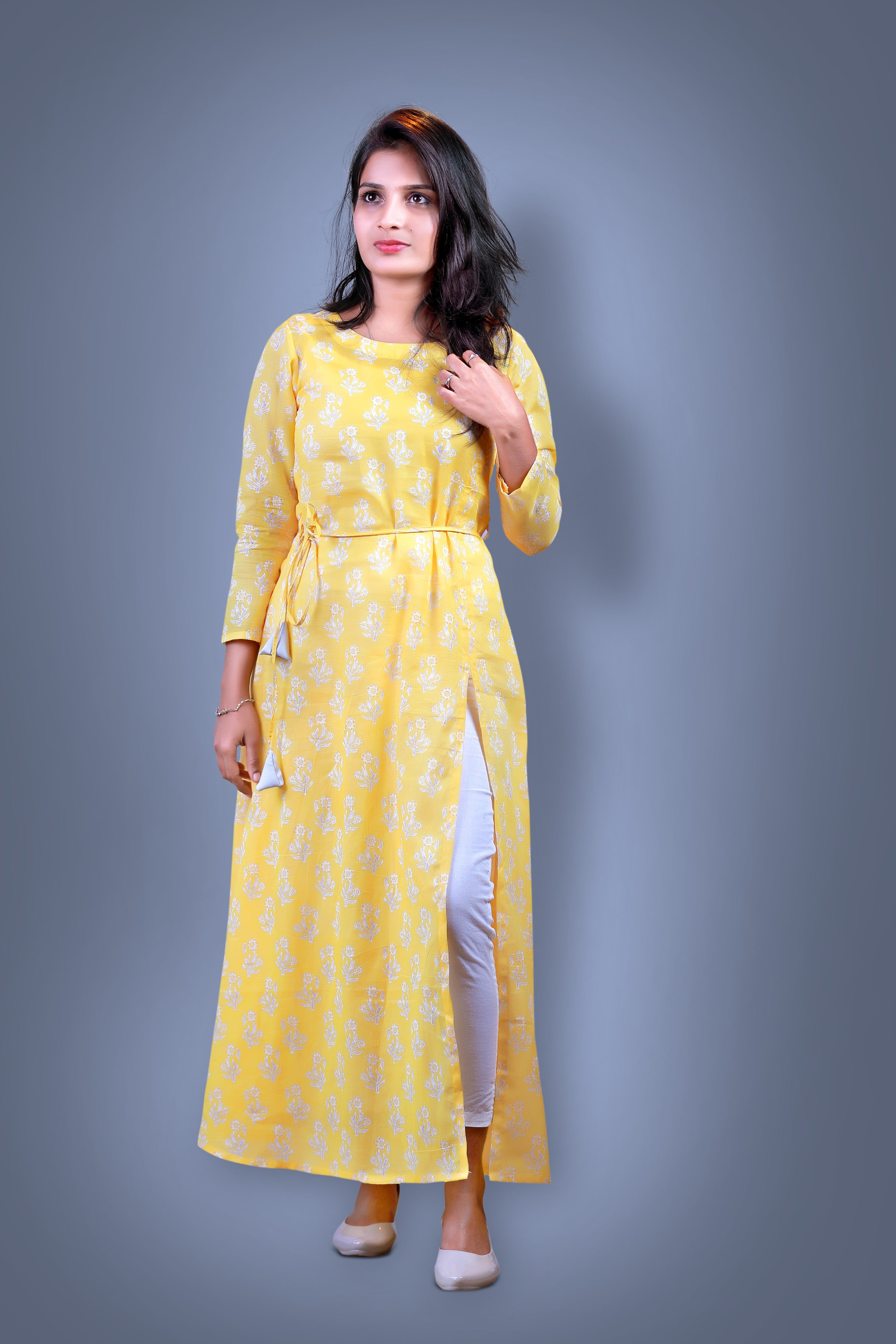 Yellow Floral Front Slit Kurti with Knotted Bells