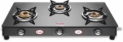 Preethi Sparkle Glass top 3 Burner Gas Stove, Manual Ignition, Black Glass Manual Gas Stove  (3 Burners)-ItsBen LifeStyle