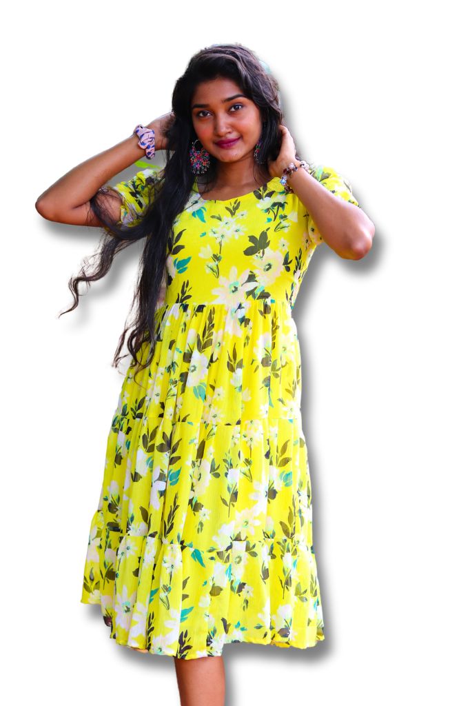 Yellow Chiffon Print Tiered Midi Fit & Flare Dress with Ruffles-ItsBen LifeStyle