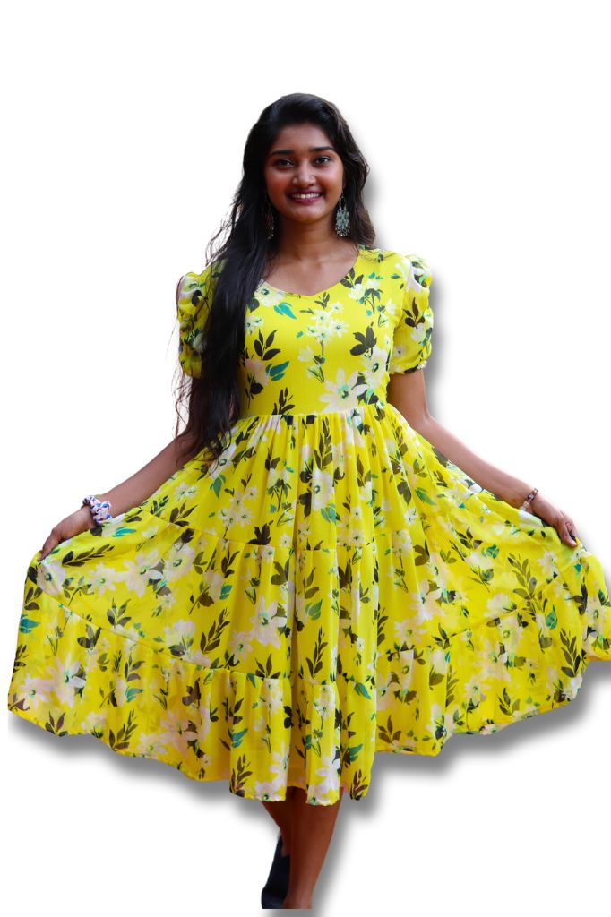 Yellow Chiffon Print Tiered Midi Fit & Flare Dress with Ruffles-ItsBen LifeStyle