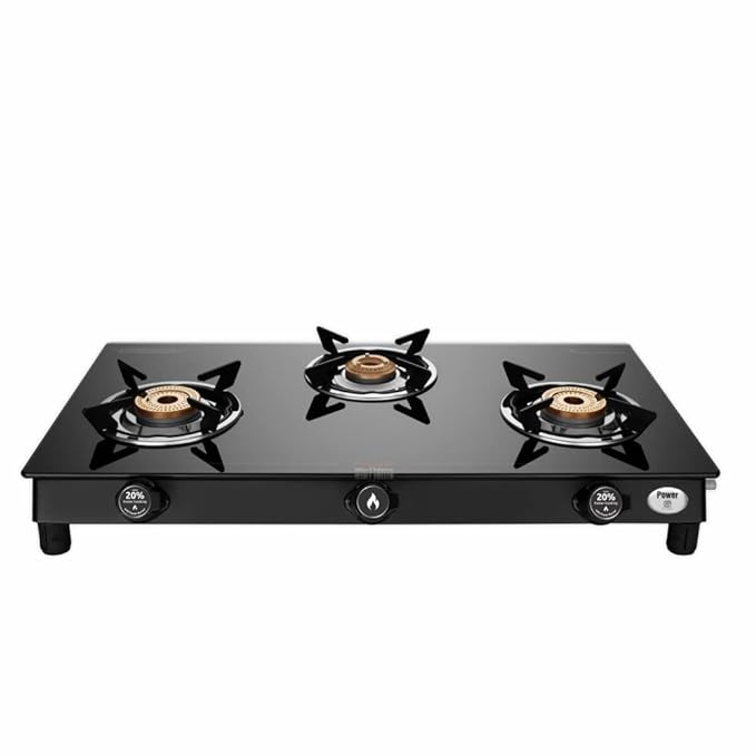 Preethi Bluflame Sparkle Power Duo 3 Burner Glass top Gas Stove with Power Burner and Swirl flame technology, saves gas and cooks faster, Manual Ignition, Black-ItsBen LifeStyle