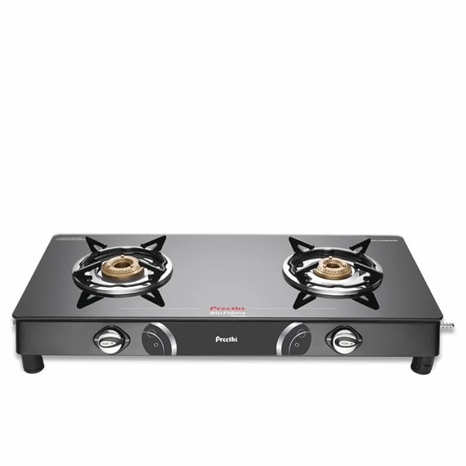 Preethi Blu Flame Gleam Glass Top 2-Burner Manual Gas Stove (Black) (ISI Certified), GTS102-ItsBen LifeStyle