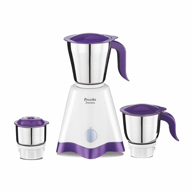 Preethi Crown MG-205 Mixer Grinder, 500 watt, White/Purple, 3 Jars with 5 yr Motor Warranty & Lifelong Free Service, Stainless Steel-ItsBen LifeStyle