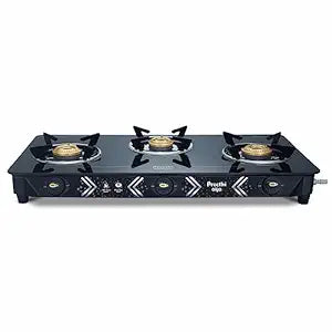 Preethi Alya Glass Top 3 Burner Gas Stove, Manual Ignition, Black with Bati Stand-ItsBen LifeStyle