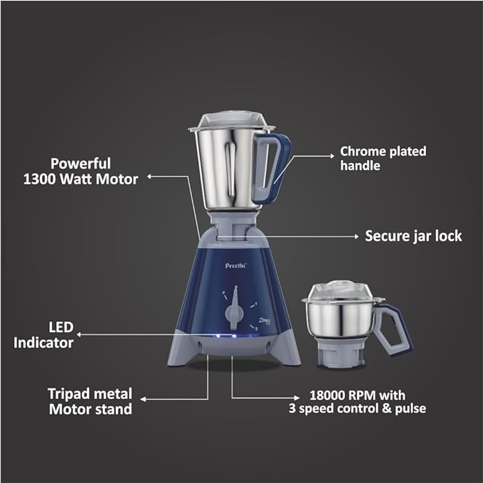 Preethi Xpro Duo MG-198 1300 W Commercial Mixer Grinder with 2 Jars ( 0.75L Chutney Jar + 2L Wet Grinding, Stainless steel), Tripad Metal Motor Stand, Blue-ItsBen LifeStyle