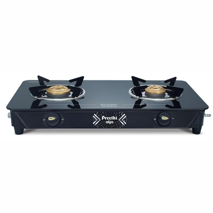 Preethi Alya Glass Top 2 Burner Gas Stove, Manual Ignition, Black with Bati Stand-ItsBen LifeStyle