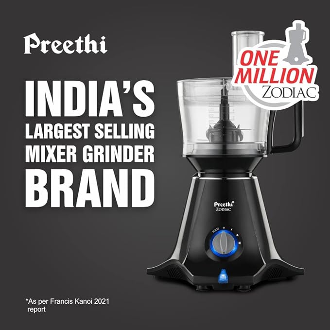 Preethi Zodiac Mg-218 750 Watts Mixer Grinder With 5 Jars (3 Stainless Steel Jars +1 Juicer Jar+1 Master Chef Plus Food Processor Jar),Black/Light Grey,5 Yrs Warranty & Lifelong Free Service,Black-ItsBen LifeStyle