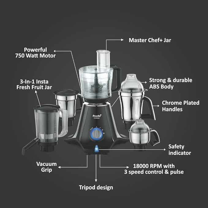 Preethi Zodiac Mg-218 750 Watts Mixer Grinder With 5 Jars (3 Stainless Steel Jars +1 Juicer Jar+1 Master Chef Plus Food Processor Jar),Black/Light Grey,5 Yrs Warranty & Lifelong Free Service,Black-ItsBen LifeStyle