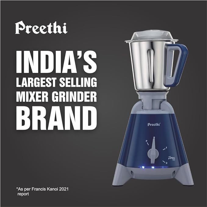 Preethi Xpro Duo MG-198 1300 W Commercial Mixer Grinder with 2 Jars ( 0.75L Chutney Jar + 2L Wet Grinding, Stainless steel), Tripad Metal Motor Stand, Blue-ItsBen LifeStyle