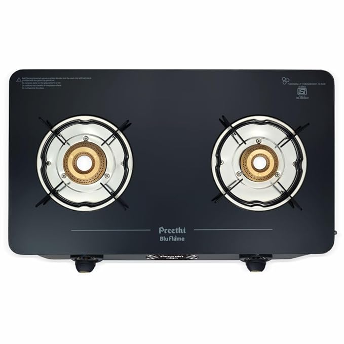 Preethi Alya Glass Top 2 Burner Gas Stove, Manual Ignition, Black with Bati Stand-ItsBen LifeStyle