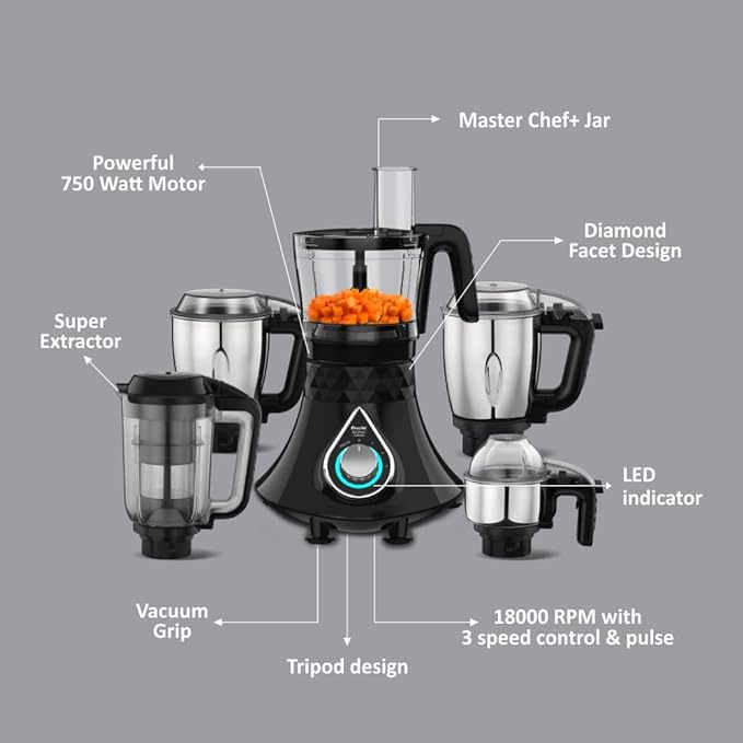 Preethi Zodiac Cosmo MG236 Mixer Grinder 750 watt with 5 Jars Includes Super Extractor juicer Jar & Master Chef + Food Processor Jar, Black-ItsBen LifeStyle