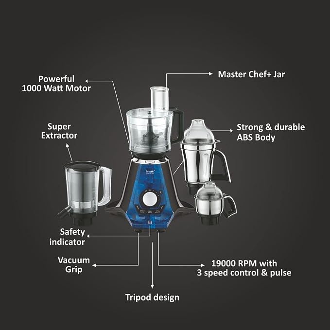 Preethi Zodiac 2.0 Mg-255 Mixer Grinder, 1000 Watt, Black/Blue, 4 Jars - Super Extractor Juicer Jar & Master Chef Food Processor Jar, 2Yr Guarantee & Lifelong Free Service-ItsBen LifeStyle