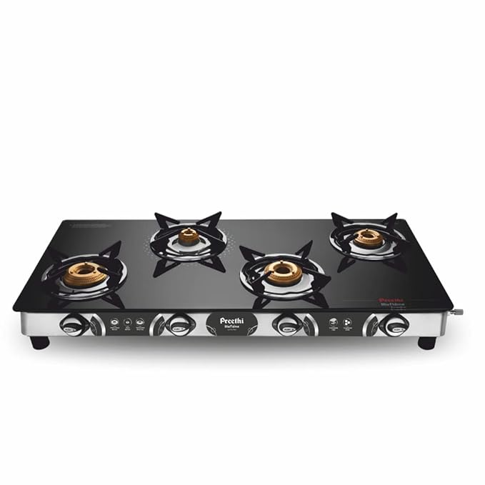 Preethi Blu-Flame Stainless Steel Jumbo Max Glass Top LPG Gas Stove with 4 Burner (Multicolour) (ISI Certified), Standard, GTS 118 Open-ItsBen LifeStyle