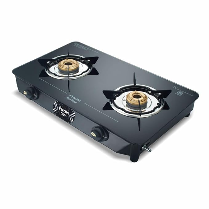 Preethi Alya Glass Top 2 Burner Gas Stove, Manual Ignition, Black with Bati Stand-ItsBen LifeStyle