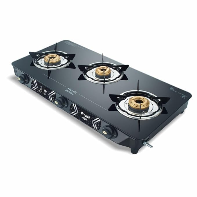 Preethi Alya Glass Top 3 Burner Gas Stove, Manual Ignition, Black with Bati Stand-ItsBen LifeStyle