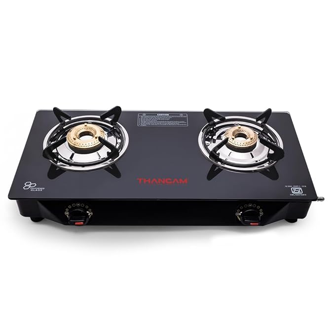 Thangam Premium Black Manual Ignition LPG Gas Stove - Burner Toughened Glass Cooktop with Brass Burners - Efficient Cooking - Modern Design - (Black) (2 Burner)-ItsBen LifeStyle