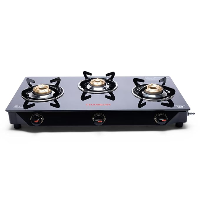 Thangam Premium Black Manual Ignition LPG Gas Stove - Burner Toughened Glass Cooktop with Brass Burners - Efficient Cooking - Modern Design - (Black) (3 Burner)-ItsBen LifeStyle