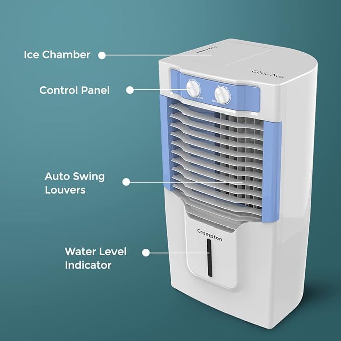 Crompton Ginie Neo Table-Top Personal Air Cooler- 10L; with 4-Way Air Deflection and High Density Honeycomb pads; White & Blue-ItsBen LifeStyle