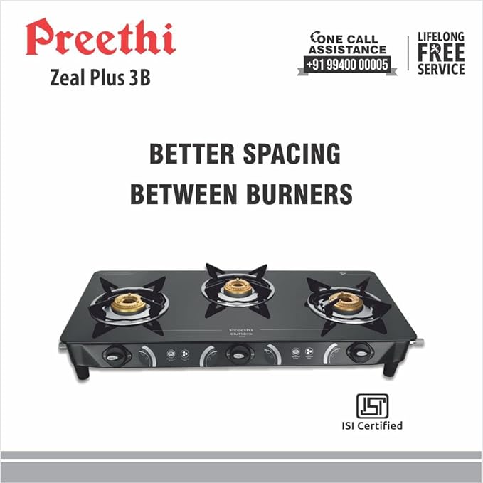 Preethi - GTS124 Zeal Glass Ceramic Top 3 Burner Gas Stove, Manual Ignition, Black-ItsBen LifeStyle