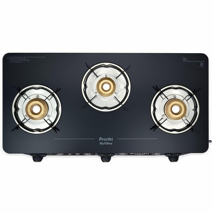 Preethi Alya Glass Top 3 Burner Gas Stove, Manual Ignition, Black with Bati Stand-ItsBen LifeStyle