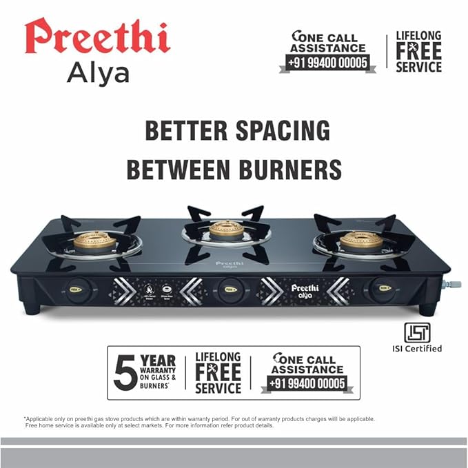 Preethi Alya Glass Top 3 Burner Gas Stove, Manual Ignition, Black with Bati Stand-ItsBen LifeStyle