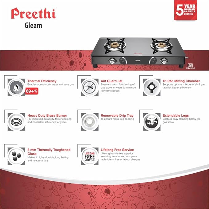 Preethi Blu Flame Gleam Glass Top 2-Burner Manual Gas Stove (Black) (ISI Certified), GTS102-ItsBen LifeStyle