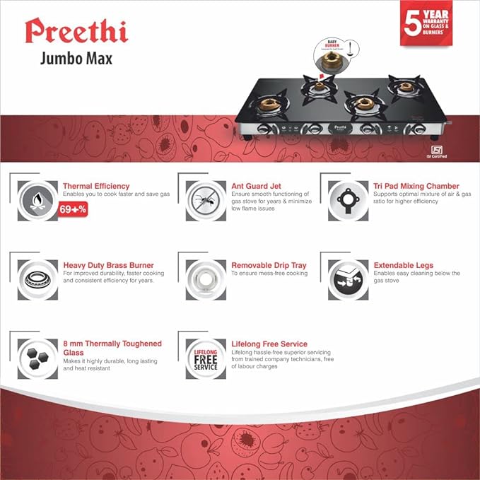 Preethi Blu-Flame Stainless Steel Jumbo Max Glass Top LPG Gas Stove with 4 Burner (Multicolour) (ISI Certified), Standard, GTS 118 Open-ItsBen LifeStyle