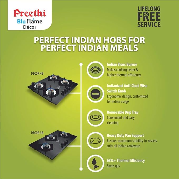 Preethi Decor Hobs 3 Burner Auto Ignition Cooktop (Black)-ItsBen LifeStyle