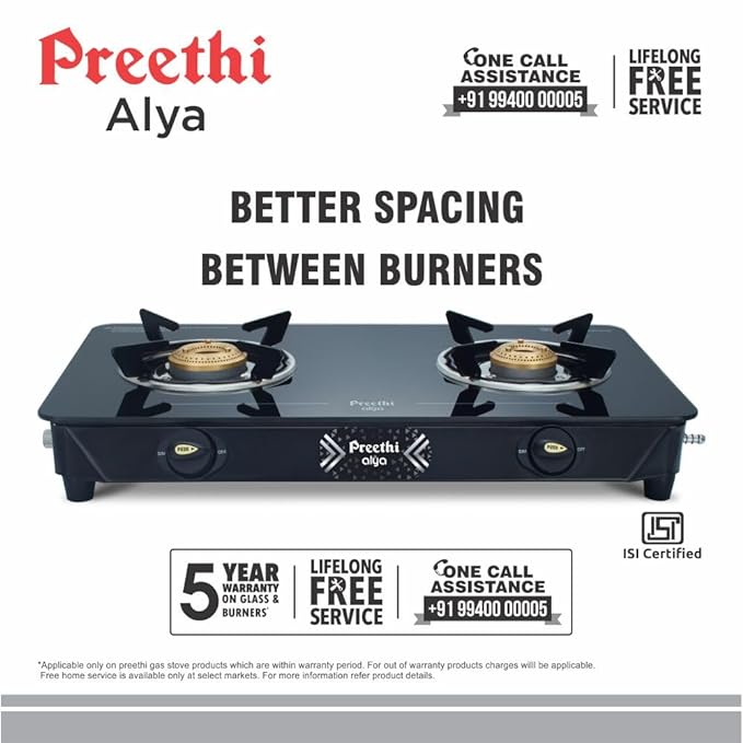 Preethi Alya Glass Top 2 Burner Gas Stove, Manual Ignition, Black with Bati Stand-ItsBen LifeStyle