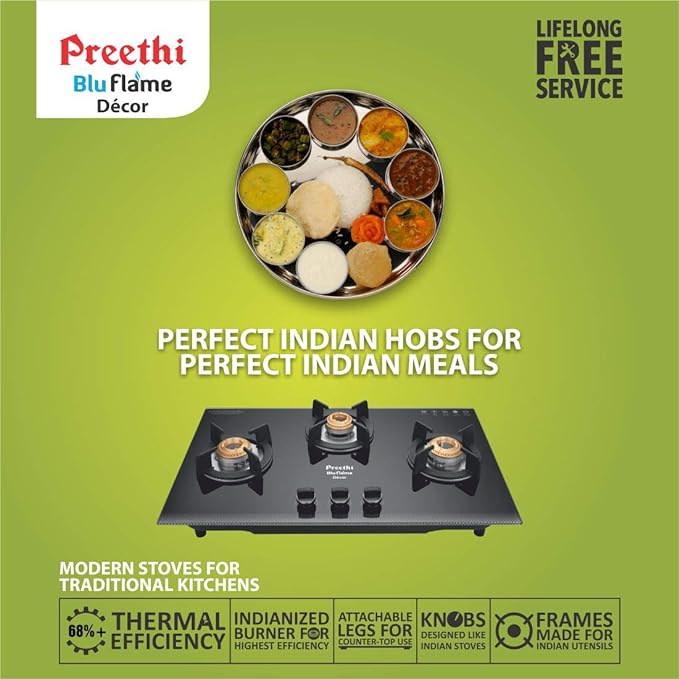 Preethi Decor Hobs 3 Burner Auto Ignition Cooktop (Black)-ItsBen LifeStyle