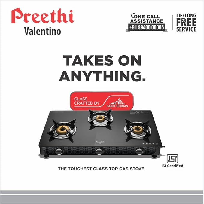 Preethi Valentino Glass top 3 Burner Gas Stove, Manual Ignition, Black (ISI Approved with Life Time Warranty on Glass & Burner)-ItsBen LifeStyle