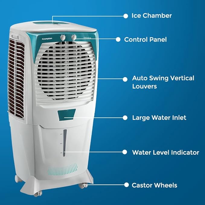 Crompton Ozone Desert Air Cooler- 55L; with Everlast Pump, Auto Fill, 4-Way Air Deflection and High Density Honeycomb pads; White & Teal-ItsBen LifeStyle