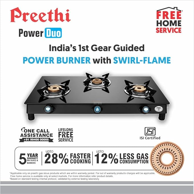 Preethi Bluflame Sparkle Power Duo 3 Burner Glass top Gas Stove with Power Burner and Swirl flame technology, saves gas and cooks faster, Manual Ignition, Black-ItsBen LifeStyle