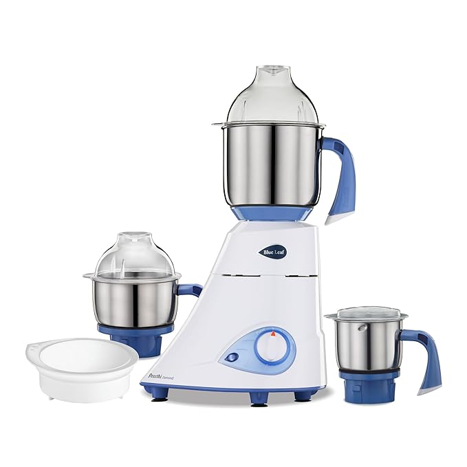 Preethi Blue Leaf Diamond MG-214 750 Watt Mixer Grinder with 3 Jars (Wet Grinding (1.5 litres) + Dry Grinding Jar (0.5 litre) + Chutney Jar (0.4 litre)Stainless steel), Blue/White