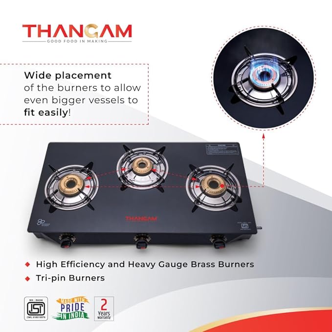 Thangam Premium Black Manual Ignition LPG Gas Stove - Burner Toughened Glass Cooktop with Brass Burners - Efficient Cooking - Modern Design - (Black) (3 Burner)-ItsBen LifeStyle