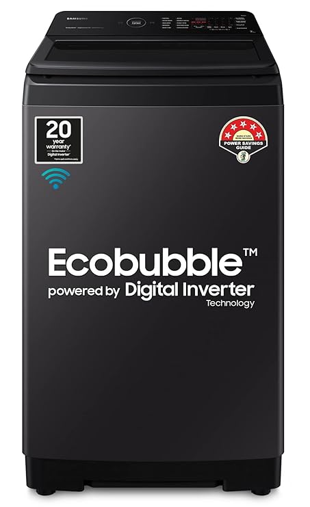 Samsung 7 Kg 5 Star Ecobubble Wi-Fi Inverter Fully-Automatic Top Load Washing Machine Appliance (WA70BG4546BVTL,Black Caviar) Bubble Storm & Super Speed Technology