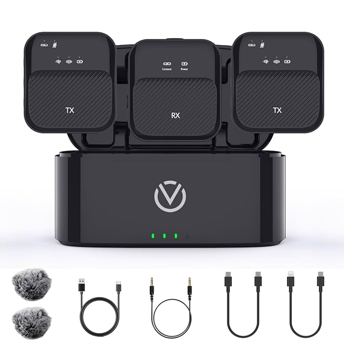 VOOK Wireless Mic for Camera/iPhone/Android/PC/Laptop - Noise Cancellation Lavalier Microphone, 30H Battery, Lightning/USB-C Smartphone Compatibility for Video Recording & Streaming With Charging Case