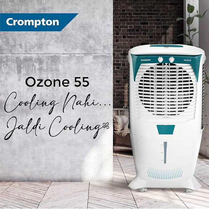 Crompton Ozone Desert Air Cooler- 55L; with Everlast Pump, Auto Fill, 4-Way Air Deflection and High Density Honeycomb pads; White & Teal-ItsBen LifeStyle