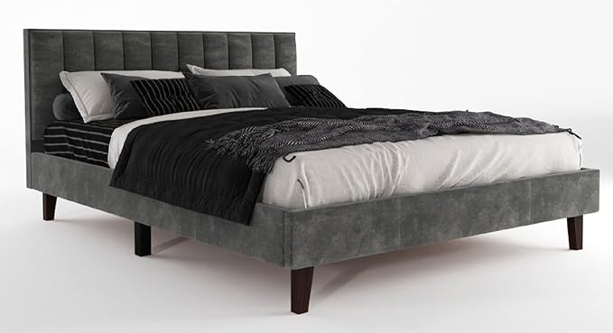 STRATA FURNITURE Sheesham Wood King Size Bed Cot Bed Furniture Upholstered Double Bed for Bedroom Living Room Home (Grey Finish)