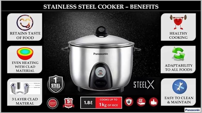 Panasonic SR-G18 (SUS) Stainless Steel Automatic Electric Rice Cooker (1.8 L, Silver)-ItsBen LifeStyle