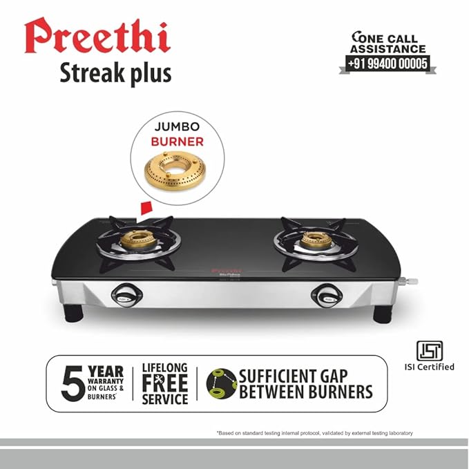 Preethi Bluflame Streak Plus Glass Top 2 Burner Gas Stove, with Jumbo Burner, Manual Ignition, Black-ItsBen LifeStyle