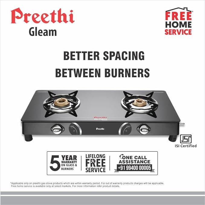 Preethi Blu Flame Gleam Glass Top 2-Burner Manual Gas Stove (Black) (ISI Certified), GTS102-ItsBen LifeStyle