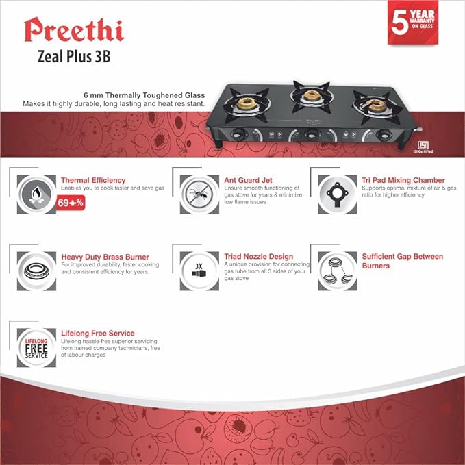 Preethi - GTS124 Zeal Glass Ceramic Top 3 Burner Gas Stove, Manual Ignition, Black-ItsBen LifeStyle