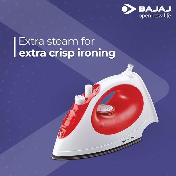 Bajaj MX-15 1200W Steam Iron with Steam Burst, Vertical and Horizontal Ironing, Non-Stick Coated Soleplate, White and Red-ItsBen LifeStyle