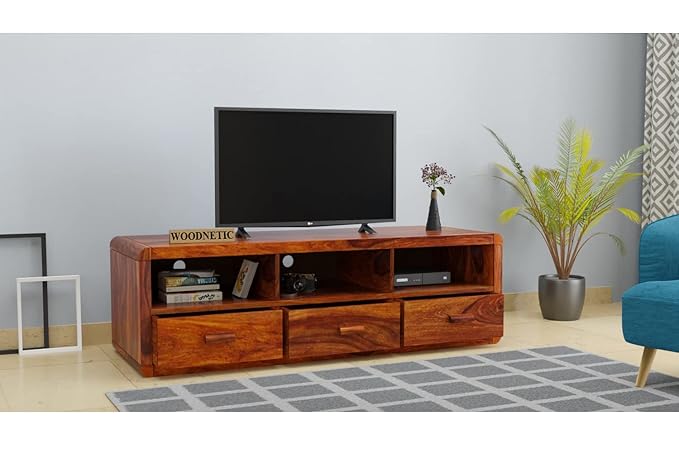 WOODNETIC Solid Sheesham Wood Entertainment Tv Cabinet for Living Room with 3 Drawers & 3 Open Shelf Storage, Suitable for 43 inch and 55 inch tv (Honey)