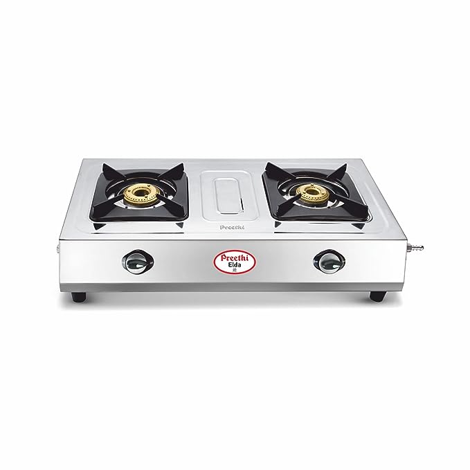 Preethi Elda Stainless Steel 2-Burner Glass Gas Stove (Silver, Manual)-ItsBen LifeStyle