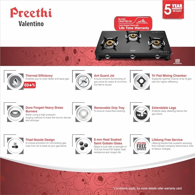 Preethi Valentino Glass top 3 Burner Gas Stove, Manual Ignition, Black (ISI Approved with Life Time Warranty on Glass & Burner)-ItsBen LifeStyle