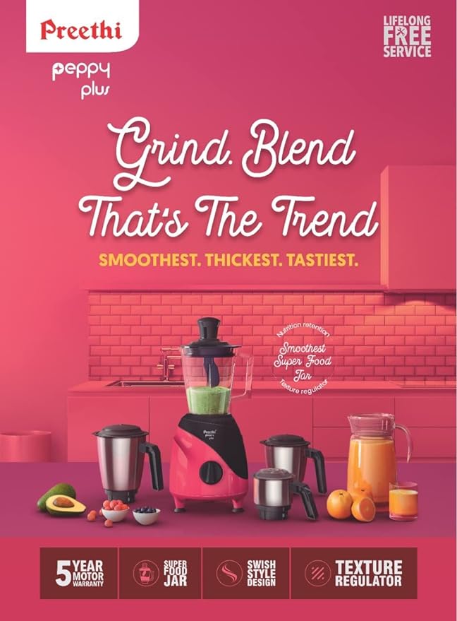 Preethi Peppy Plus MG-246 Mixer Grinder, 750 watt, Red-Black, 4 Jars - Super Food Jar with Texture Builder & 3D Airflow Technology, Vega W5 Motor with 5yr Warranty-ItsBen LifeStyle