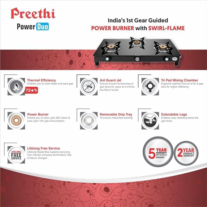 Preethi Bluflame Sparkle Power Duo 3 Burner Glass top Gas Stove with Power Burner and Swirl flame technology, saves gas and cooks faster, Manual Ignition, Black-ItsBen LifeStyle